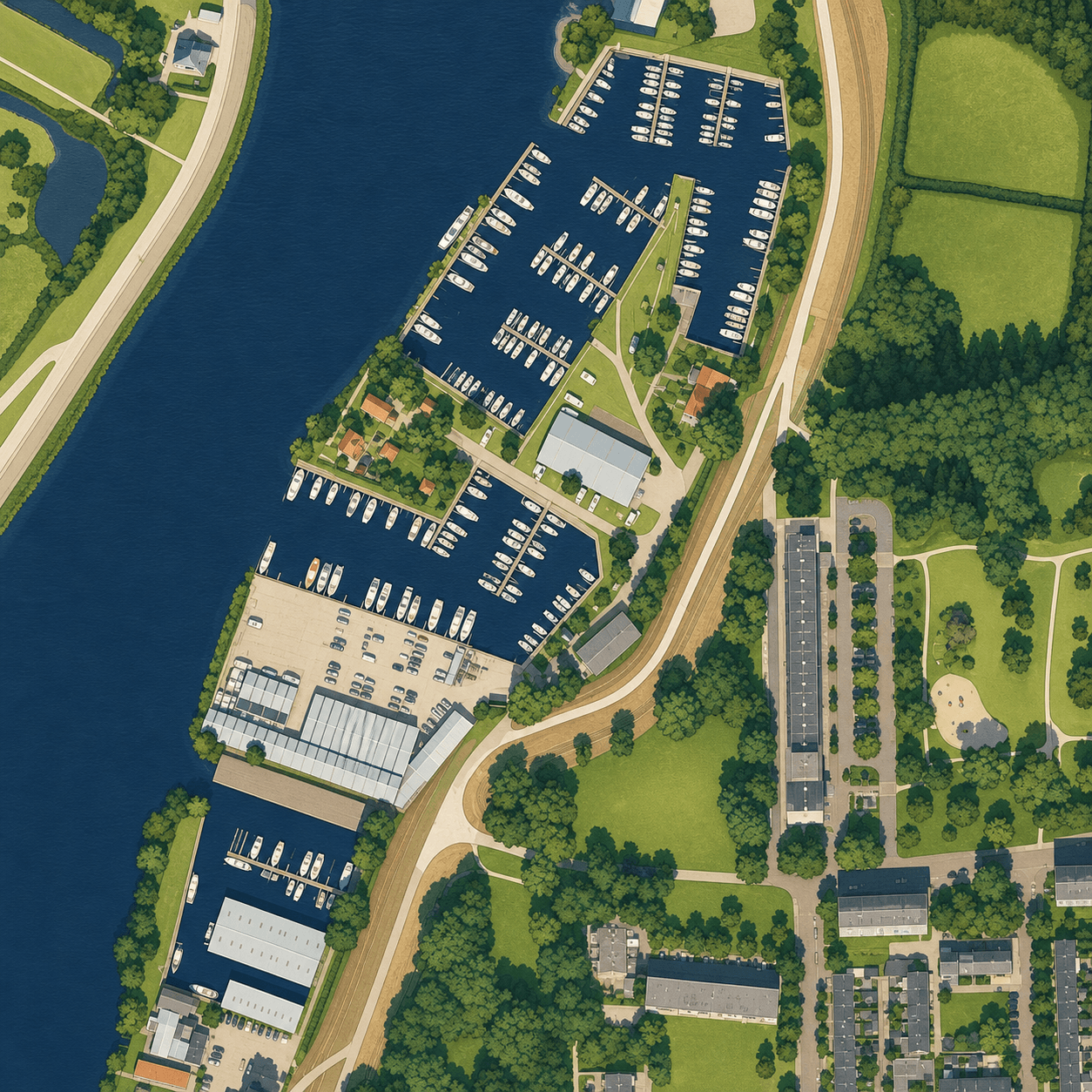 Geïllustreerd bovenaanzicht van de werkelijke havensituatie